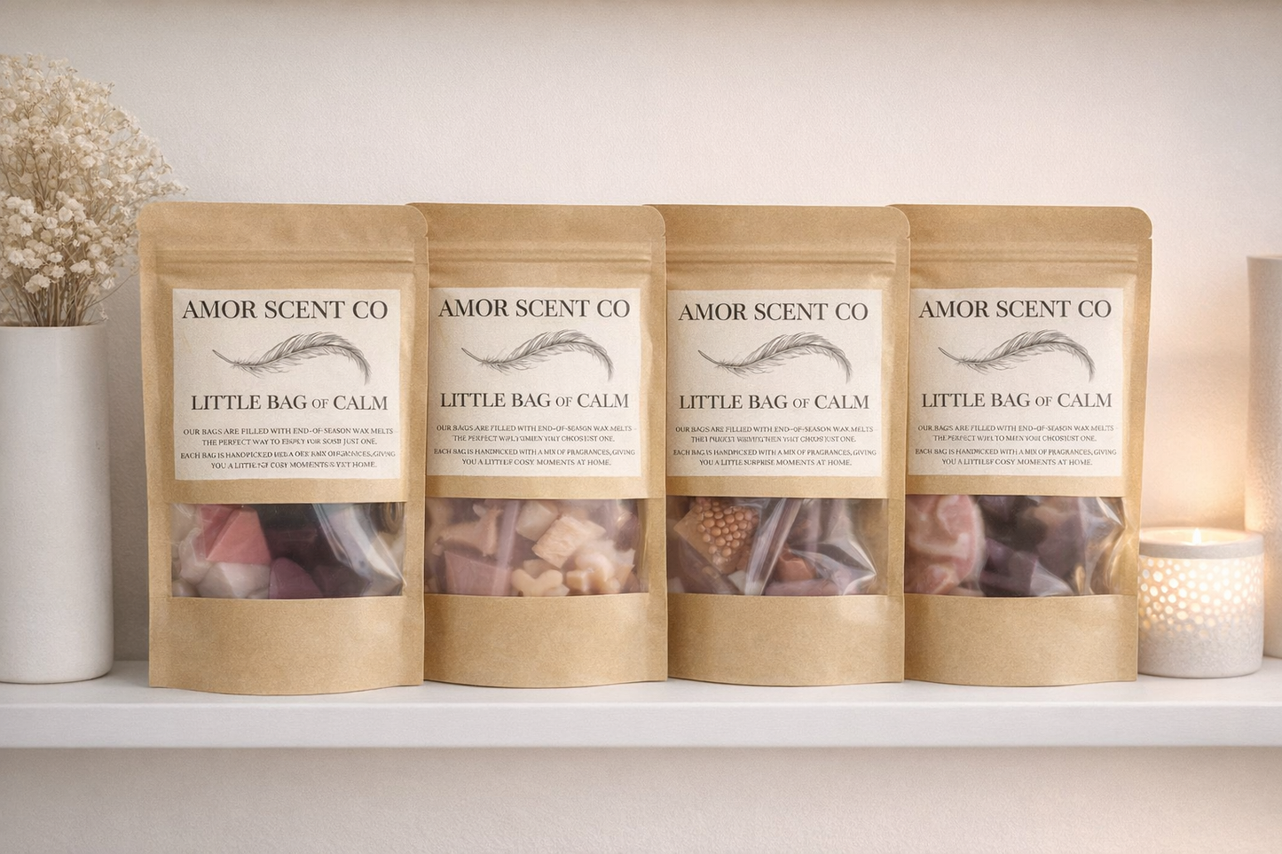 Experience everyday luxury with our handcrafted wax melt pouches, the perfect way to explore new home fragrance scents without committing to a full-size candle. Thoughtfully curated from end-of-season favourites and limited edition lines, each pouch contains a selection of our artisan soy wax melts, offering a premium scent experience at a softer price point. Amor Scent Co