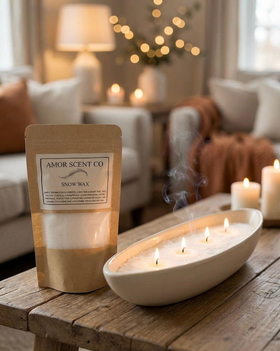 Amor Scent Co. snow wax package with lit candles in a bowl on a wooden table in a cozy living room. Amor Scrnt Co
