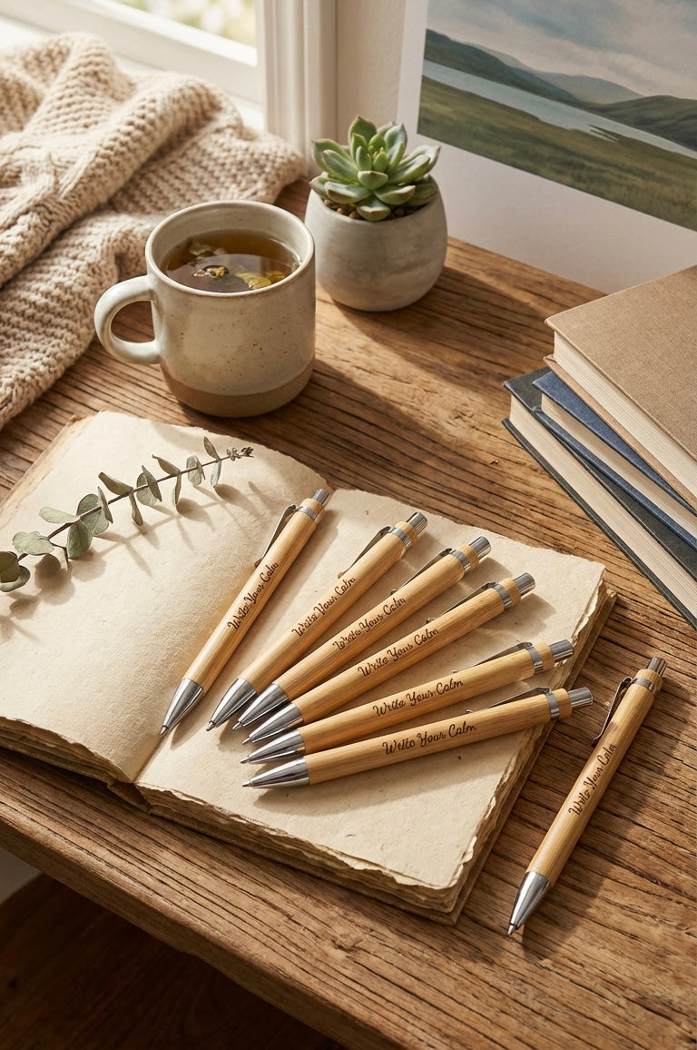 Your thoughts deserve a peaceful place to land. Our Write Your Calm Bamboo Pens are thoughtfully designed to turn every note, list, or journal entry into a moment of mindfulness. Handcrafted from eco-friendly bamboo, each pen features our signature “Write Your Calm” mantra, creating a mindful connection with every word you write.Amor Scent Co