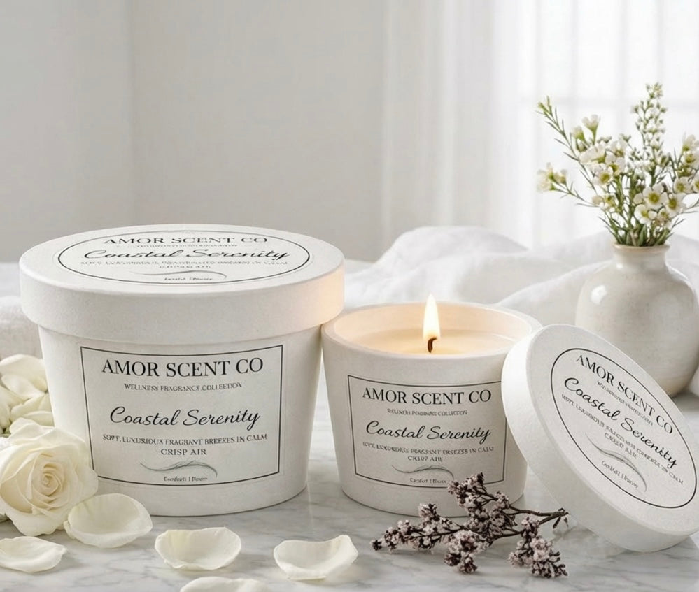 Luxury scented candles collection by Amor Scent Co with spa-inspired fragrances
