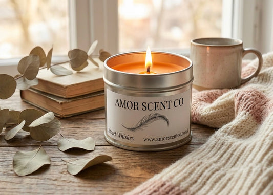 Amor Scent Co candle in a tin with a lit candle, books, and a mug on a wooden surface. Fragrance, scent, aroma.