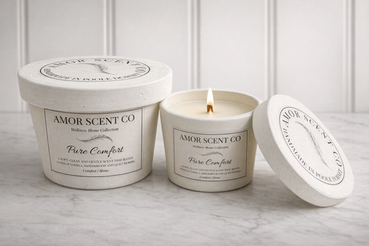 Amor Scent Co candle and container on a marble surface with a white background scented fragrance