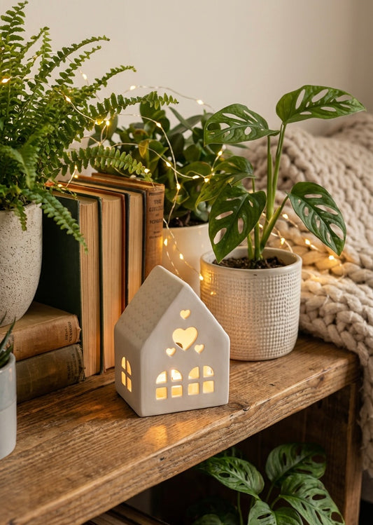 Ceramic house-shaped lantern with glowing interior on a wooden surface surrounded by plants and books. Amor Scent Co