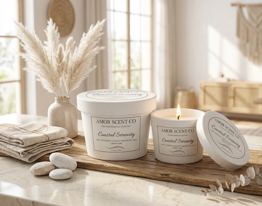 Amor Scent Co candles and products on a table with a neutral background