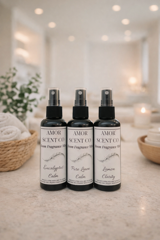 nstantly elevate the ambiance of your home with our Luxury Room Spray, designed to refresh any room with a quick spritz of your chosen fragrance. Crafted with high-quality, strong fragrance oils, this room spray ensures a long-lasting and elegant scent experience. Amor Scent Co. Fragrance scent aroma.
