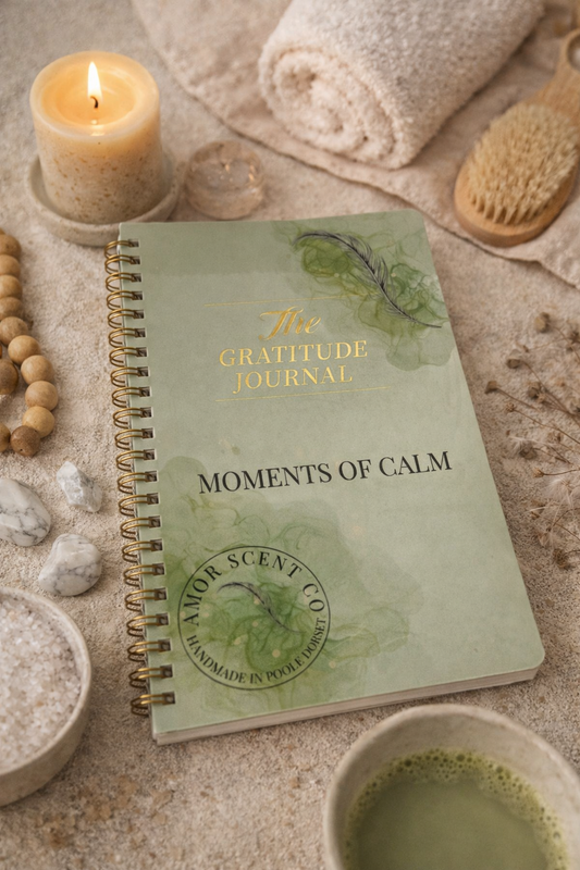 Gratitude journal titled 'Moments of Calm' on a textured surface with a candle, stones, and a cup.