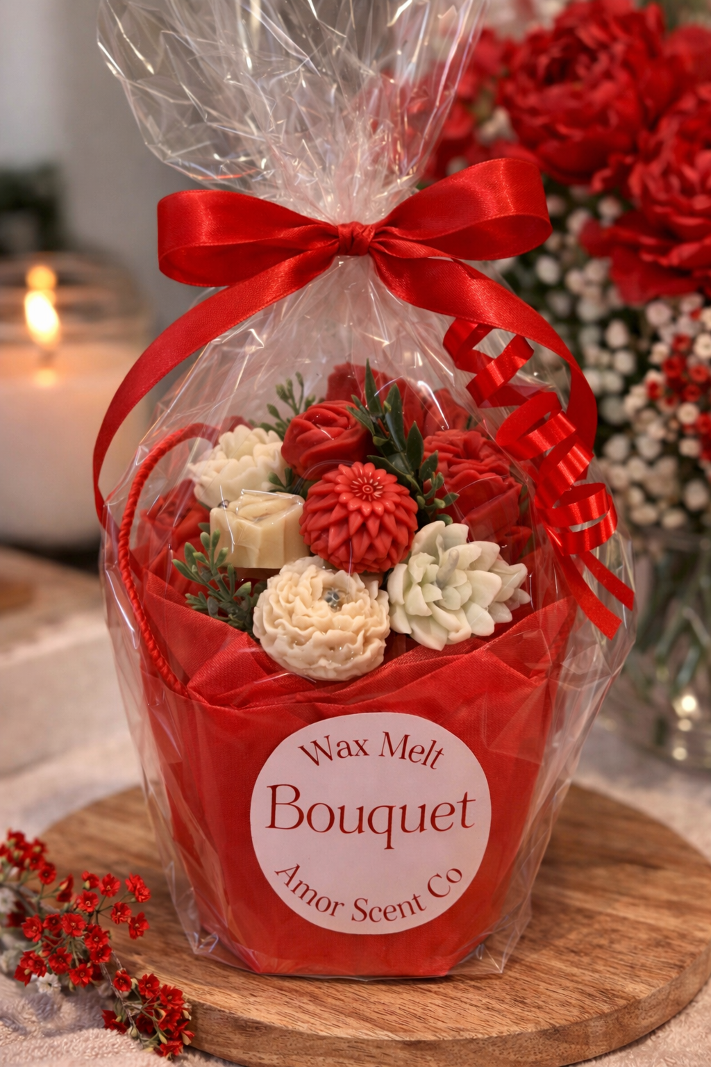 Wax melt bouquet with red and white flowers in clear cellophane packaging on a wooden surface.