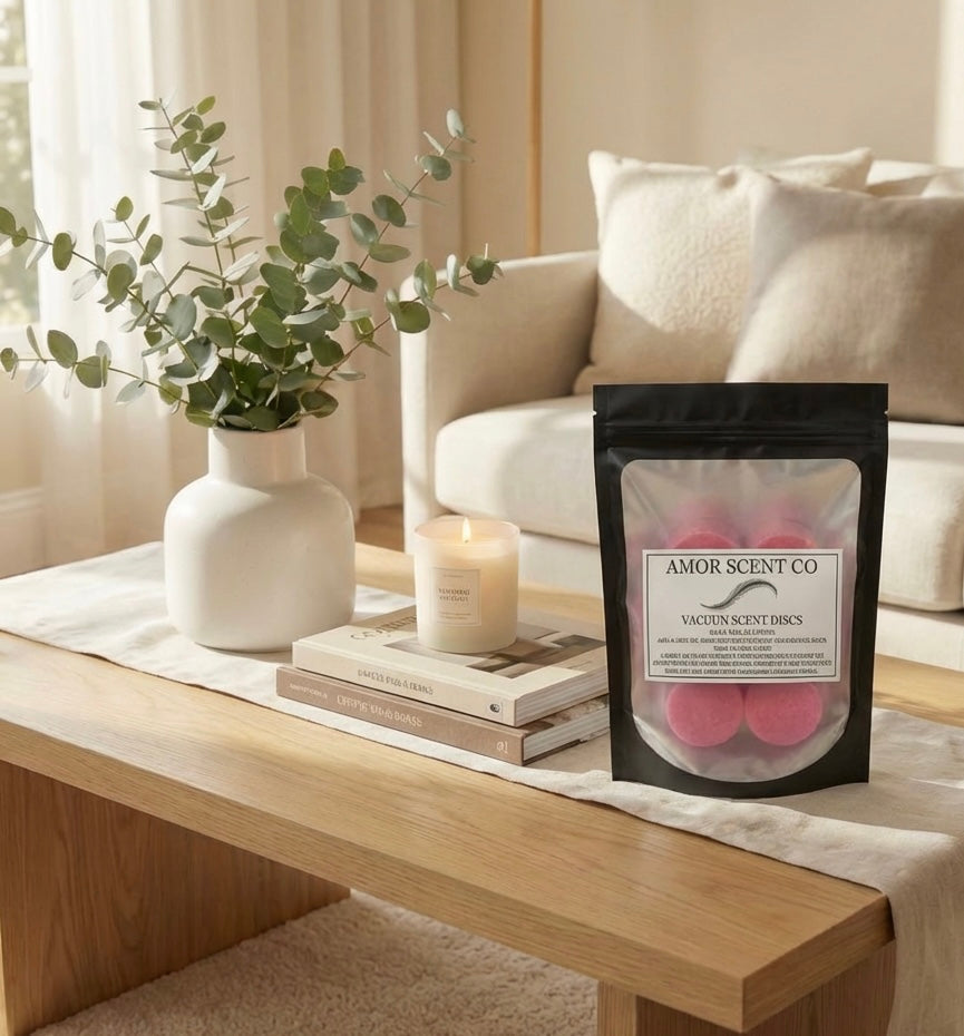 Amor Scent Co vacuum discs in a pouch on a coffee table with decor items in a living room setting