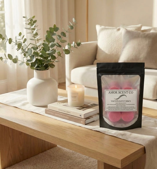 Amor Scent Co vacuum discs in a pouch on a coffee table with decor items in a living room setting
