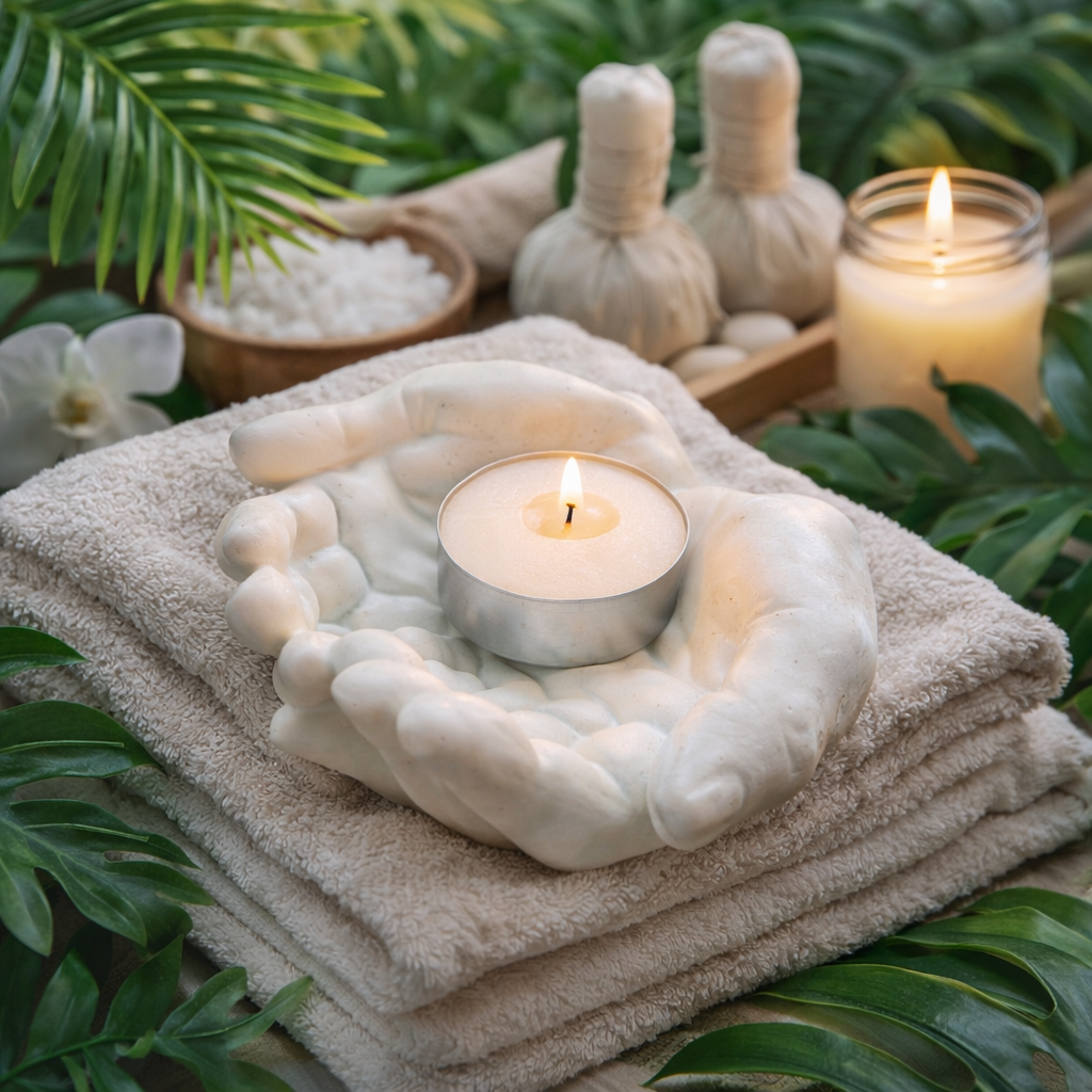 Candle in a stone holder on folded towels with spa items and greenery