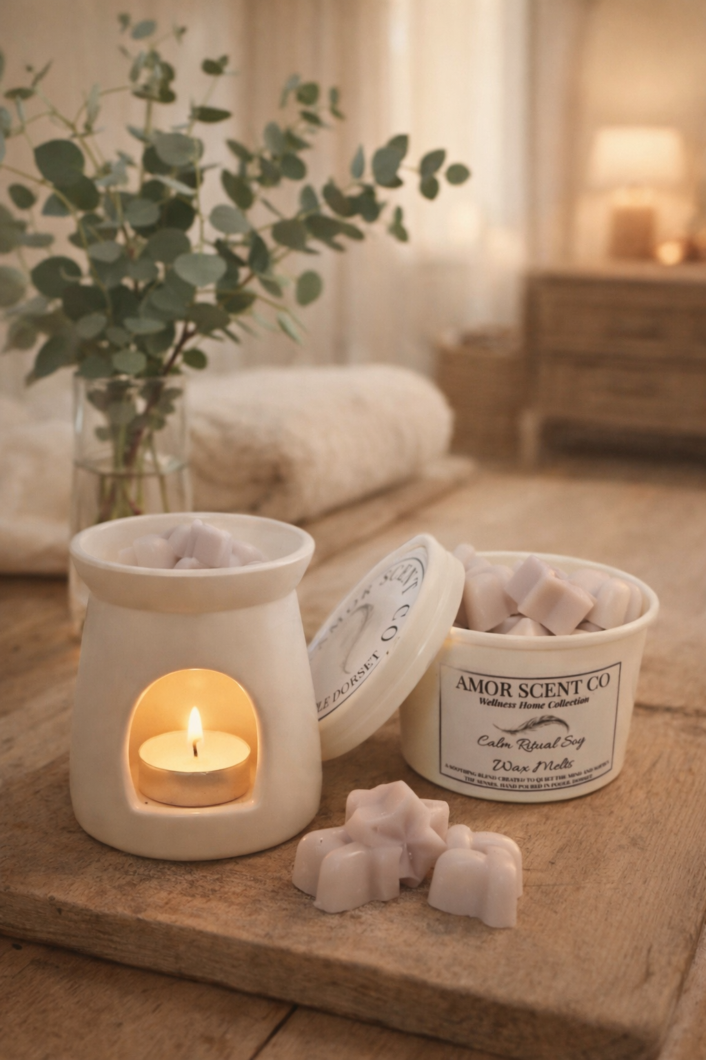 Aroma lamp with a lit candle, container of wax melts, and a vase with greenery on a wooden surface. Soy wax melts fragrance scent fresh aroma. Amor Scent Co. Fragrance, wax melts, aroma, scent.