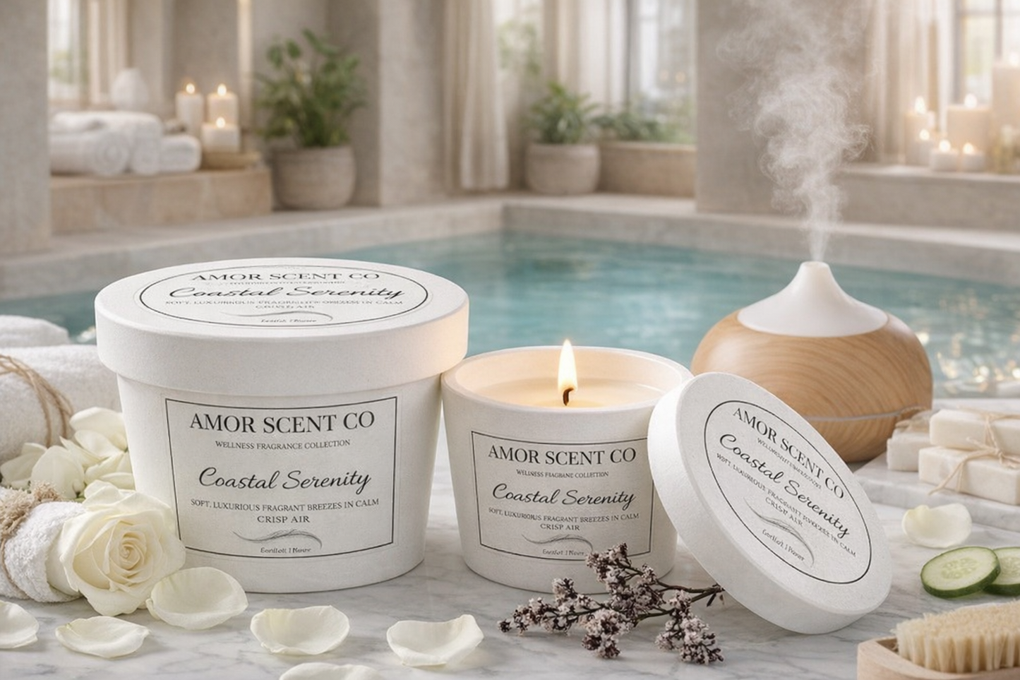 Amor Scent Co candles and diffuser on a spa-like setting with water and plants.