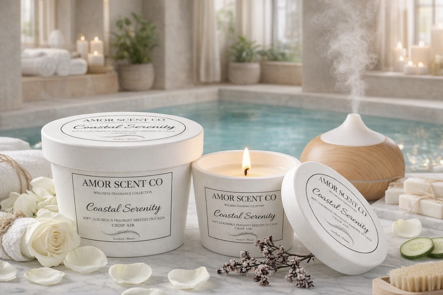 Amor Scent Co candles and diffuser on a spa-like setting with water and plants.