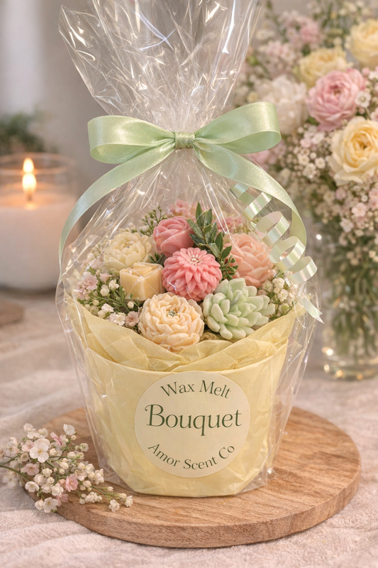 Wax melt bouquet in a clear cellophane bag with a green ribbon, placed on a wooden board.