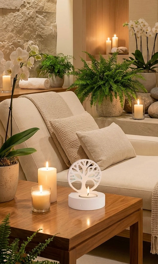 Bring warmth, serenity, and style to your home with our handcrafted Tree of Life Tea Light Holder. Expertly made with love and precision, this elegant piece features a timeless Tree of Life design and a soothing off-white finish, adding a subtle, neutral touch that complements any interior style. Amor Scent Co
