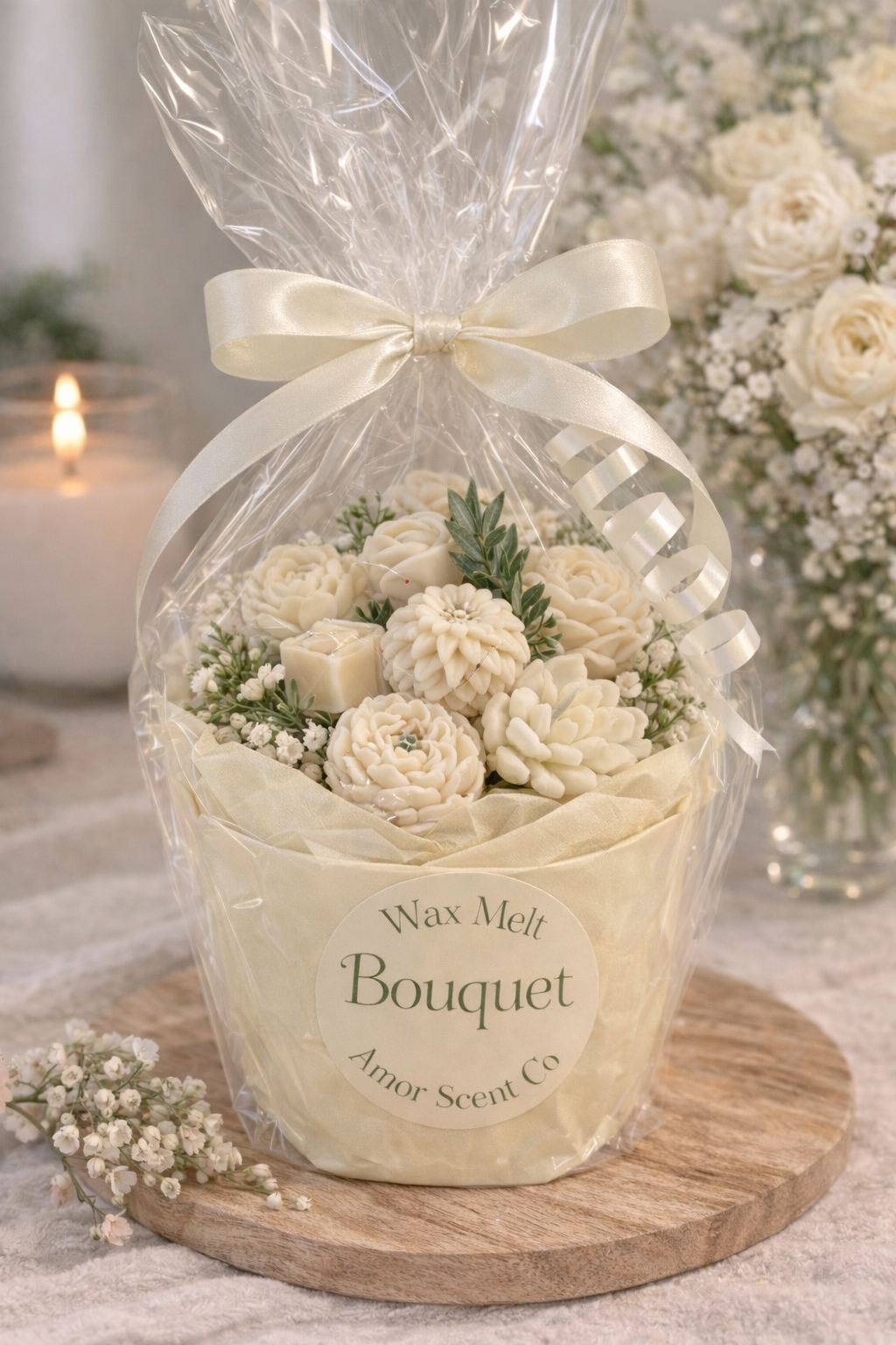 Wax melt bouquet in a clear cellophane wrap with a white ribbon on a wooden board.