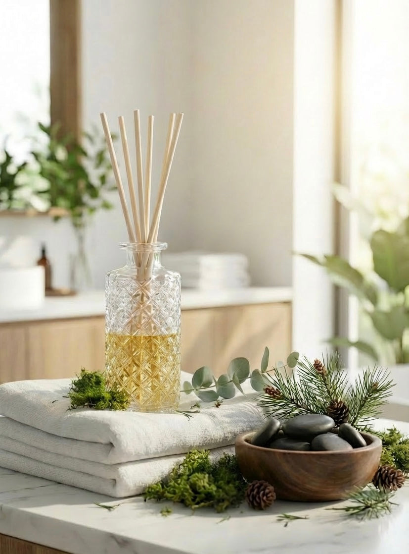 Decorative setup with a diffuser, stones, and greenery on a table.